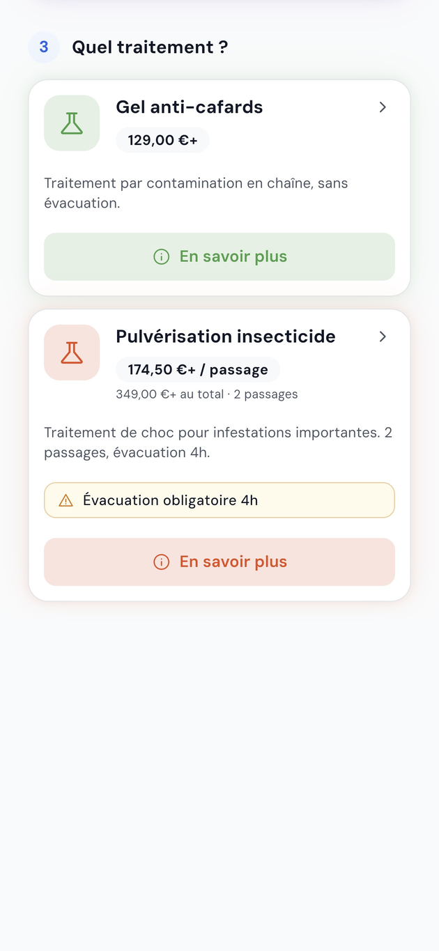 Application QPest : sélection du nuisible et affichage du prix fixe