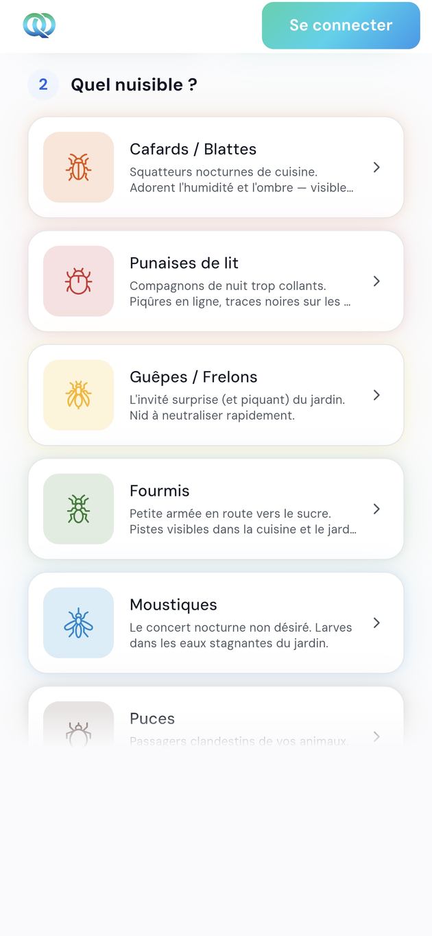 Application QPest : sélection du nuisible et affichage du prix fixe