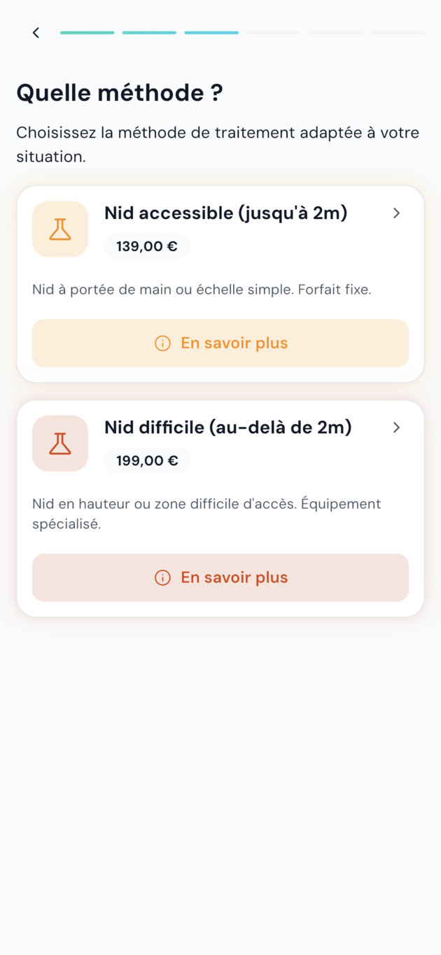 Application QPest : sélection du nuisible et affichage du prix fixe