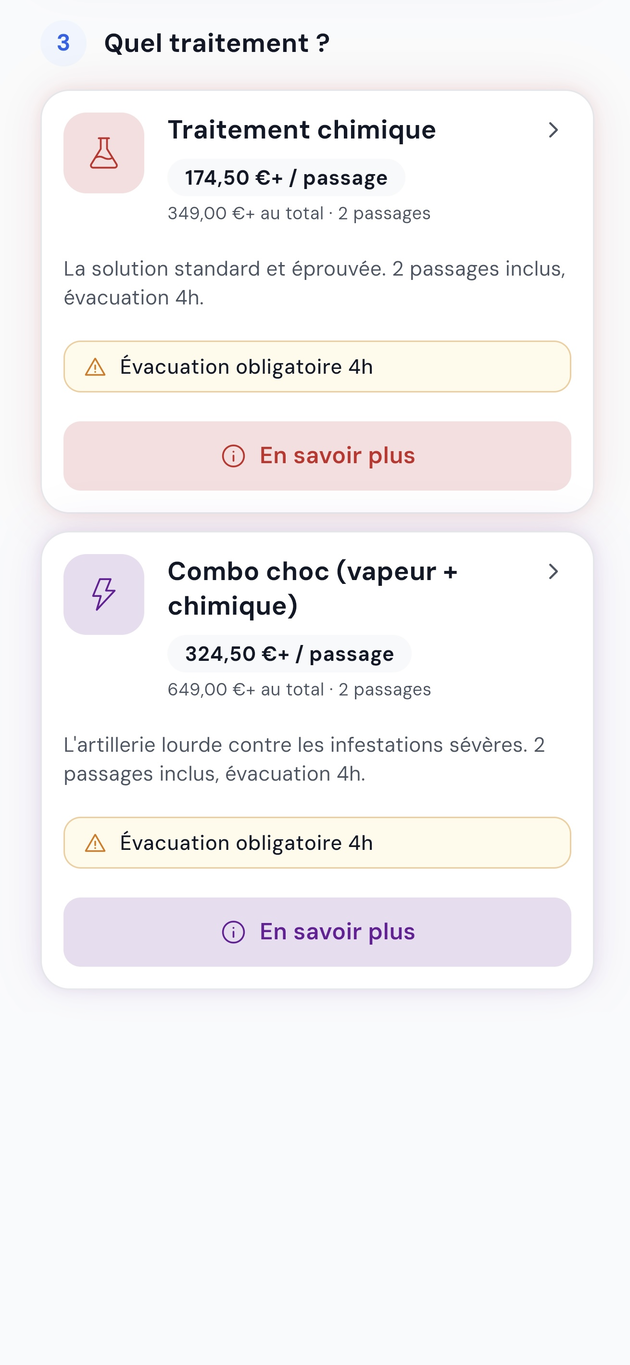 Application QPest : sélection du nuisible et affichage du prix fixe