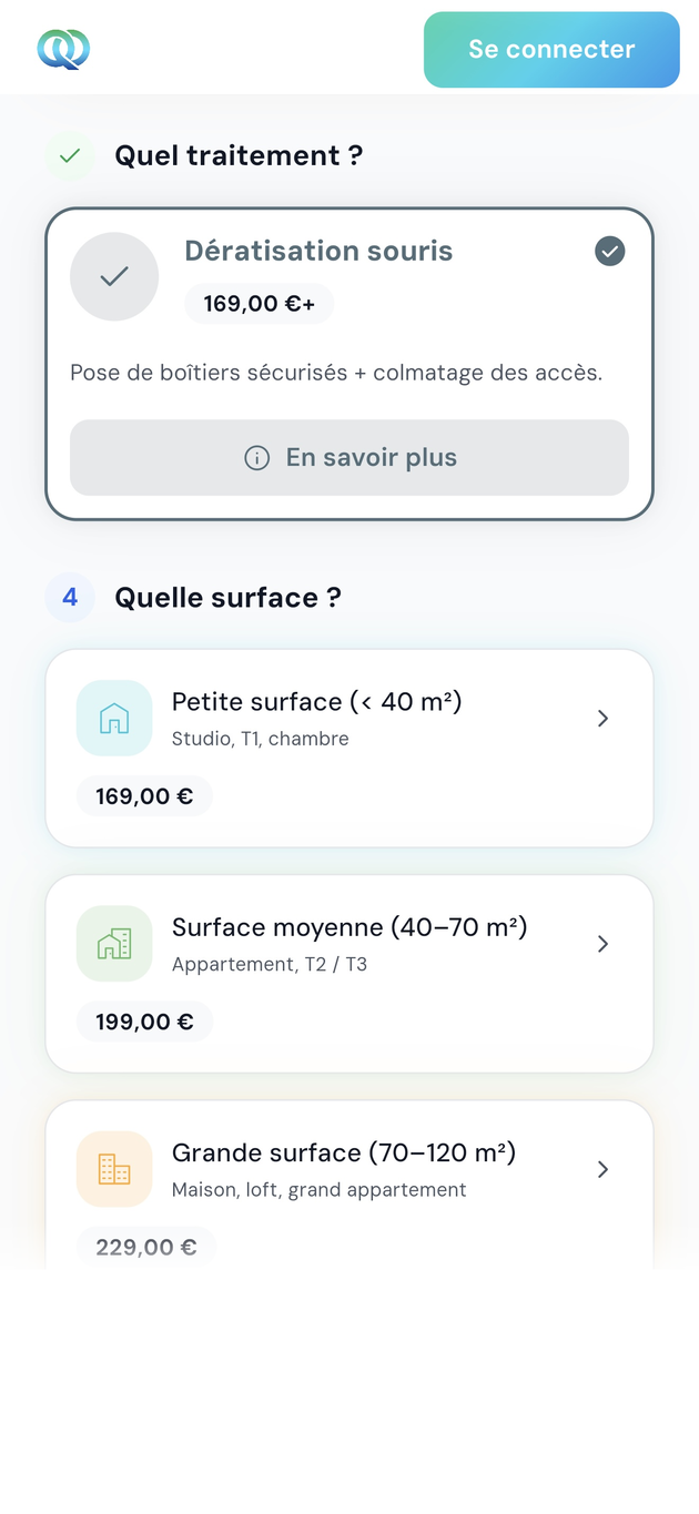 Application QPest : sélection du nuisible et affichage du prix fixe