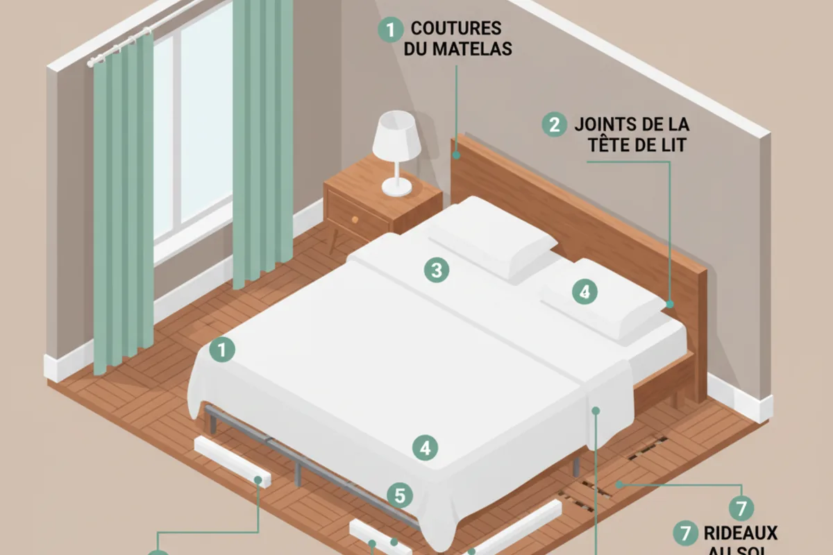 Schéma isométrique d’une chambre avec 7 zones d’inspection numérotées : coutures du matelas, joints de la tête de lit, cadre du sommier, table de nuit, plinthes au pied du lit, fentes du parquet, bas des rideaux